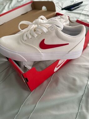 Nike Red and White Shoe Box with Bold Swoosh